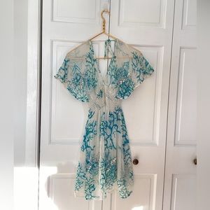 Antica Santoria White Turquoise Beaded Tunic Beach Cover Up One Size